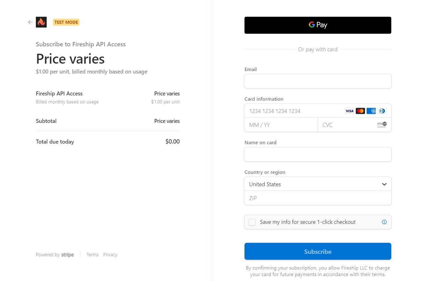 Example of Stripe Checkout form